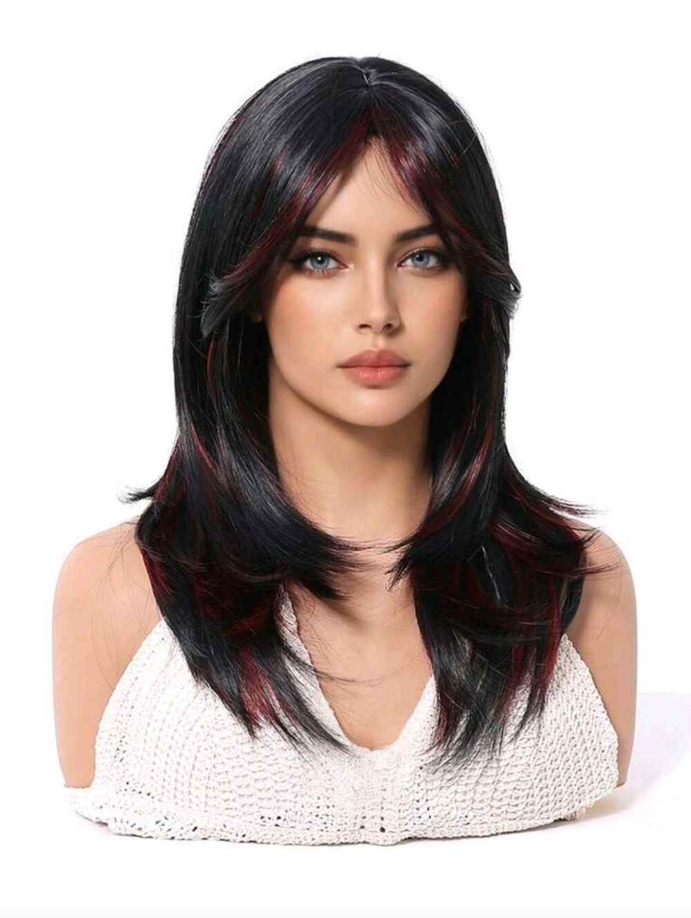 16 Inch Layered Synthetic Wig with Subtle Burgundy Highlights - Black & Burgundy